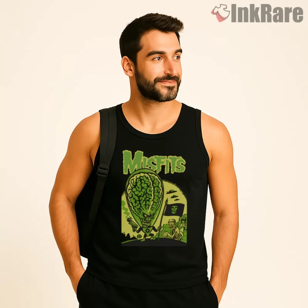 Misfits Brain Fiend Neon Green Horror Shirt on black tank top for men graphic tee