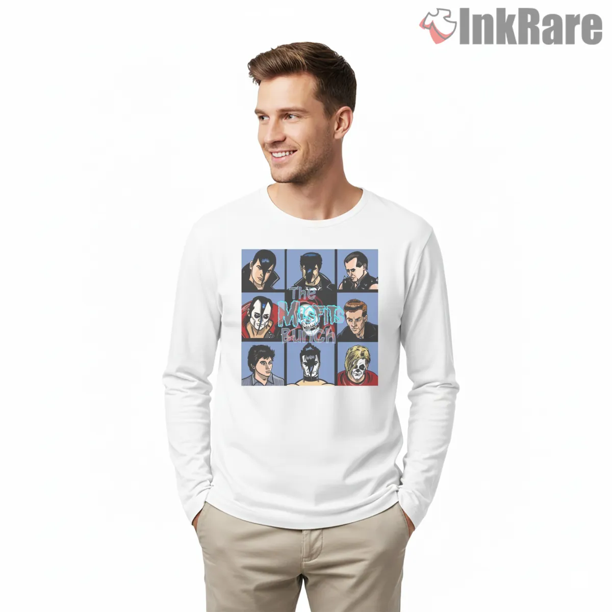 Misfits Bunch Cartoon Portrait Grid Long Sleeve White Misfits Bunch Cartoon Portrait Grid Shirt on white long sleeve shirt for men graphic tee