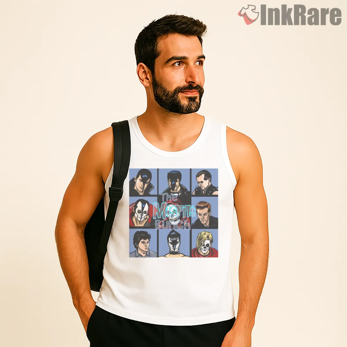 Misfits Bunch Cartoon Portrait Grid Tank Top White Misfits Bunch Cartoon Portrait Grid Shirt on white tank top for men graphic tee
