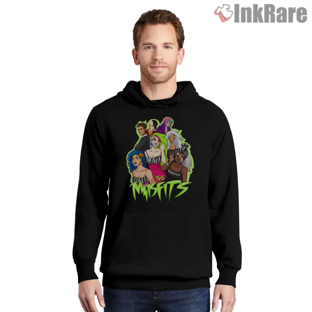 Misfits Cartoon Group Portrait Neon Outline Shirt on black hoodie for men graphic tee