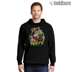 Misfits Cartoon Group Portrait Neon Outline Shirt on black hoodie for men graphic tee
