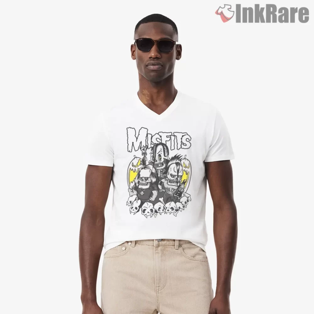 Misfits Cartoon Skull Trio Chaos Shirt on white v-neck shirt for men graphic tee