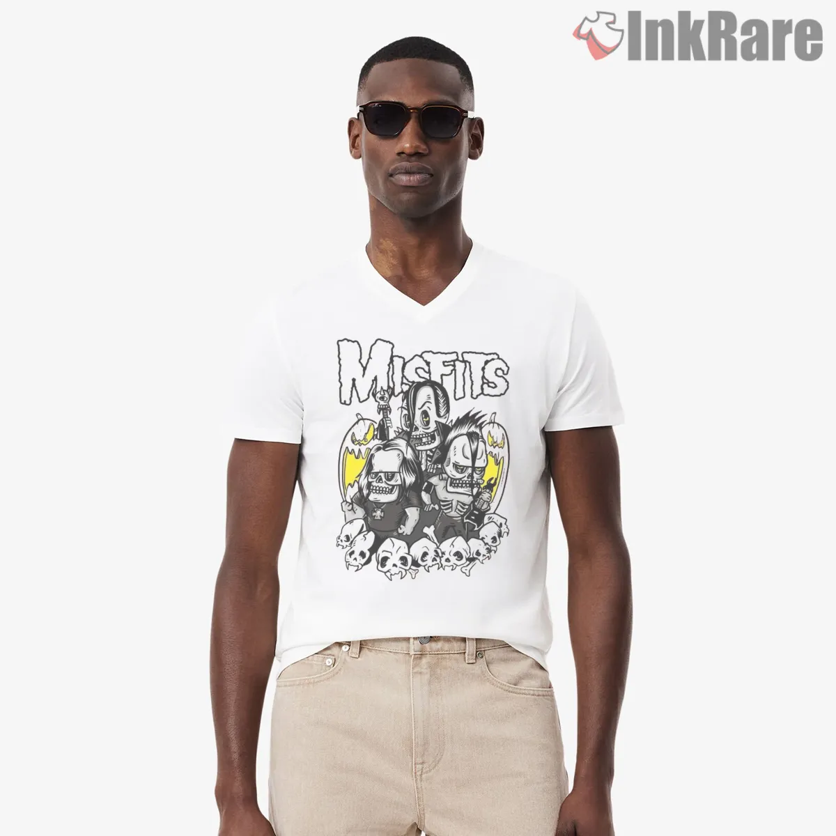 Misfits Cartoon Skull Trio Chaos V Neck White Misfits Cartoon Skull Trio Chaos Shirt on white v-neck shirt for men graphic tee