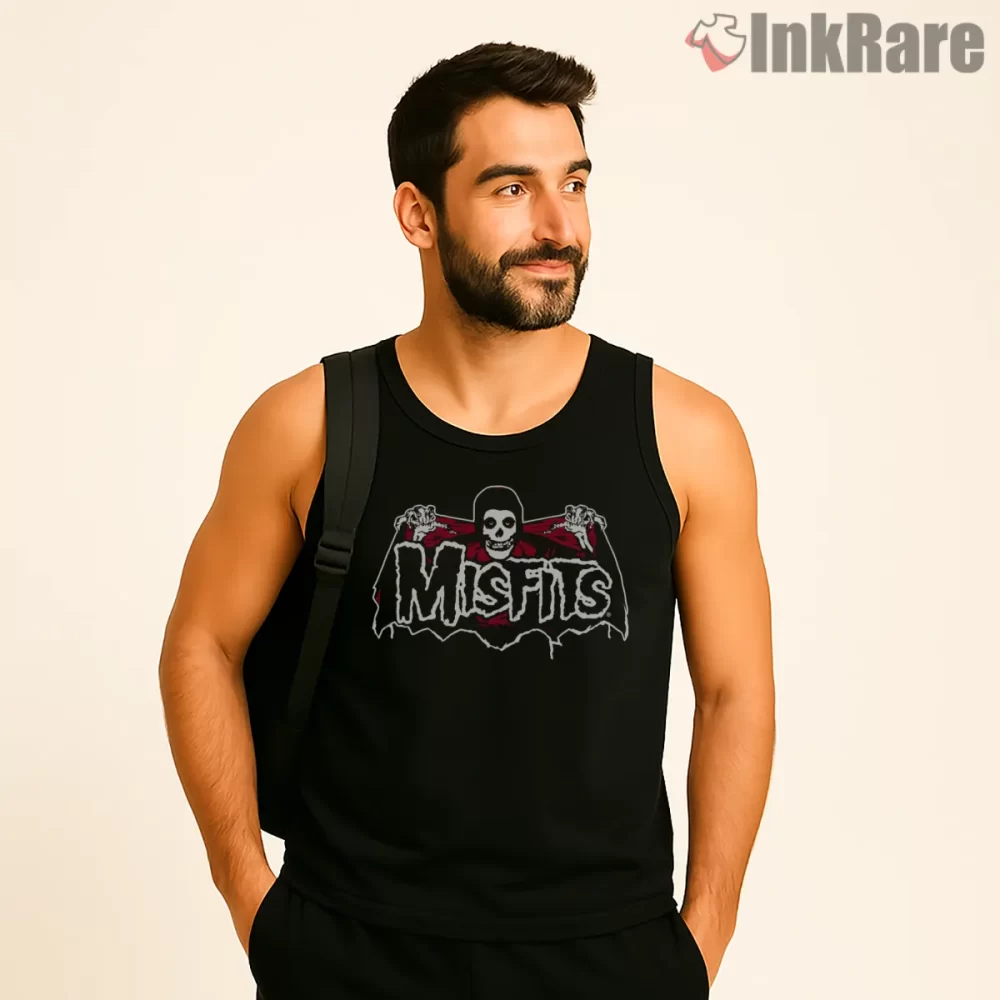 Misfits Classic Banner Skull Shirt on black tank top for men graphic tee
