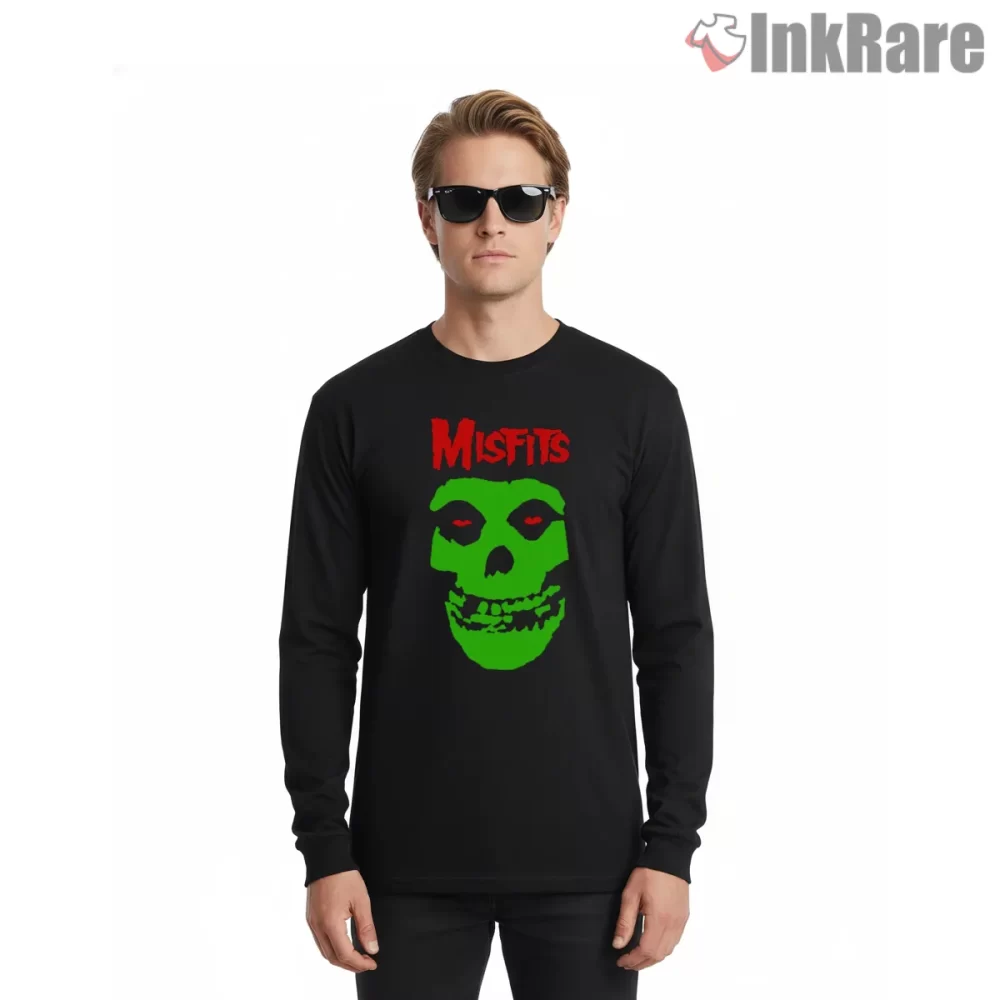 Misfits Classic Green Skull Horror Punk Shirt on black long sleeve shirt for men graphic tee
