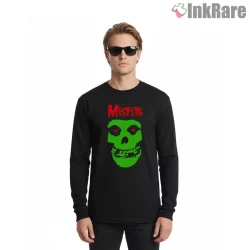 Misfits Classic Green Skull Horror Punk Shirt on black long sleeve shirt for men graphic tee