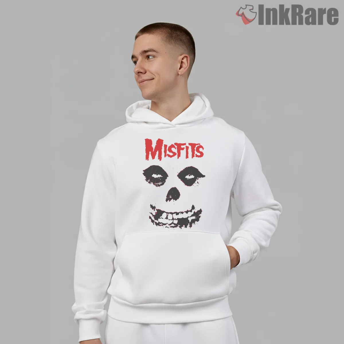 Misfits Classic Red Logo Skull Face Shirt on white hoodie for men graphic tee