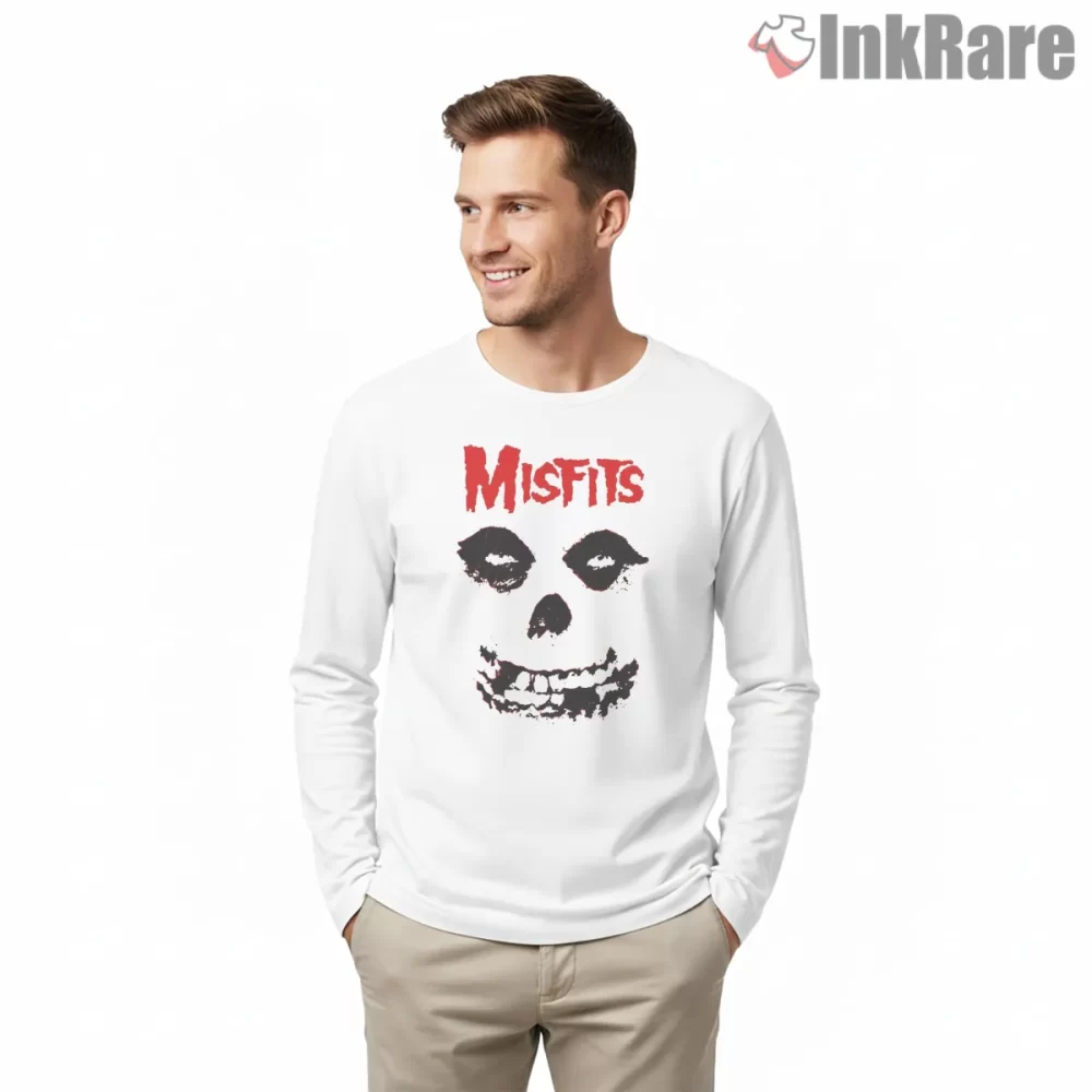 Misfits Classic Red Logo Skull Face Shirt on white long sleeve shirt for men graphic tee