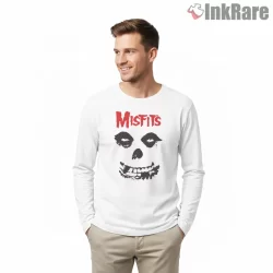 Misfits Classic Red Logo Skull Face Shirt on white long sleeve shirt for men graphic tee