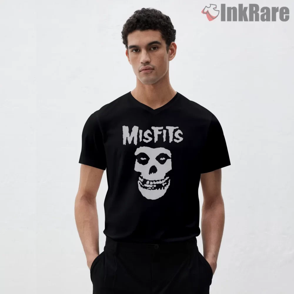 Misfits Classic Skull Face Minimal Logo Shirt on black v-neck shirt for men graphic tee