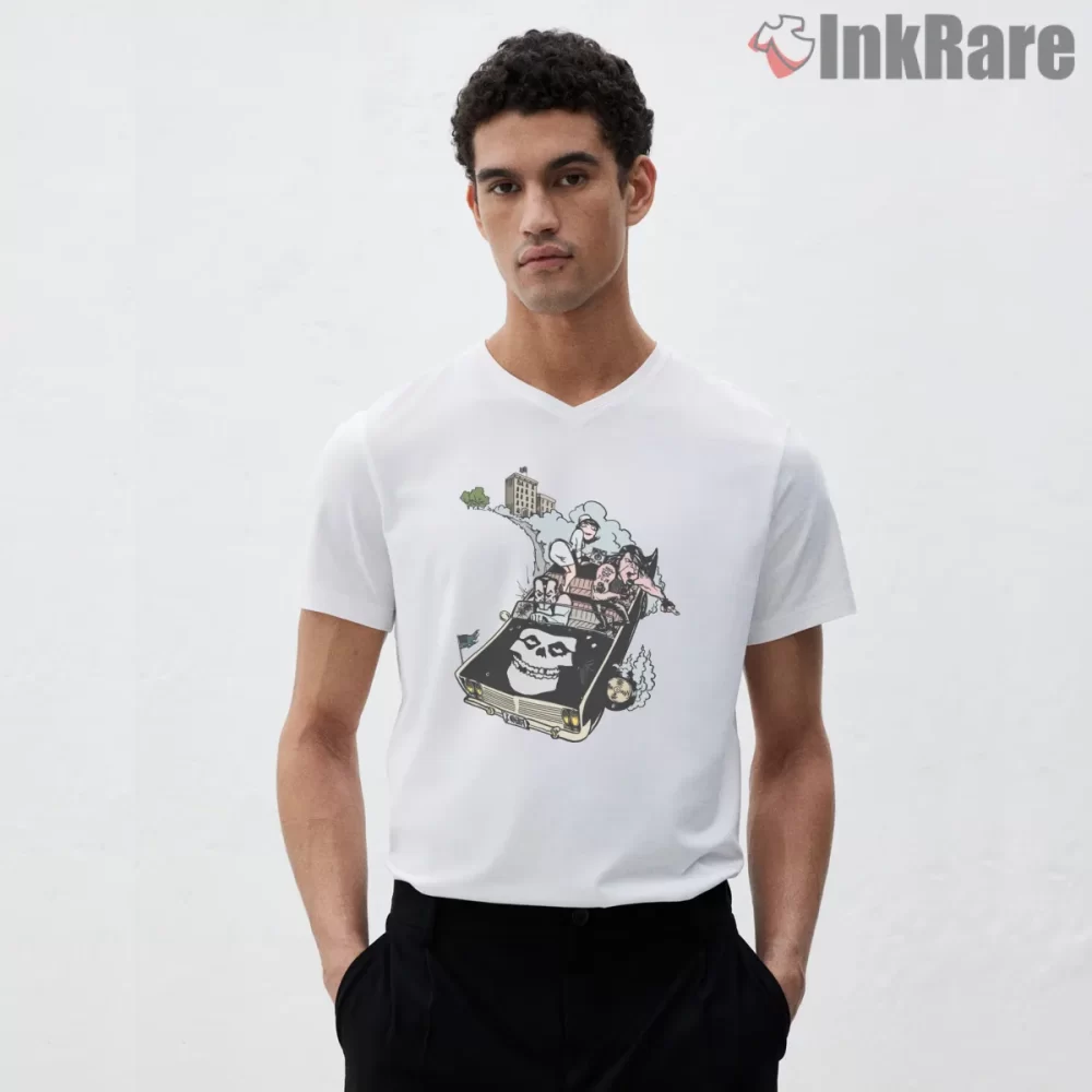 Misfits Coffin Car Road Chaos Cartoon Shirt on white v-neck shirt for men graphic tee