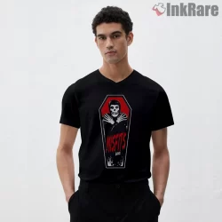 Misfits Coffin Emblem Skeleton Shirt on black v-neck shirt for men graphic tee