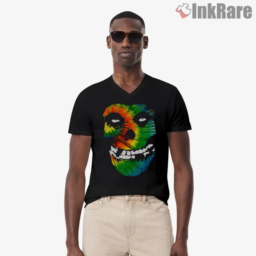 Misfits Crimson Ghost Tie Dye Shirt on black v-neck shirt for men graphic tee