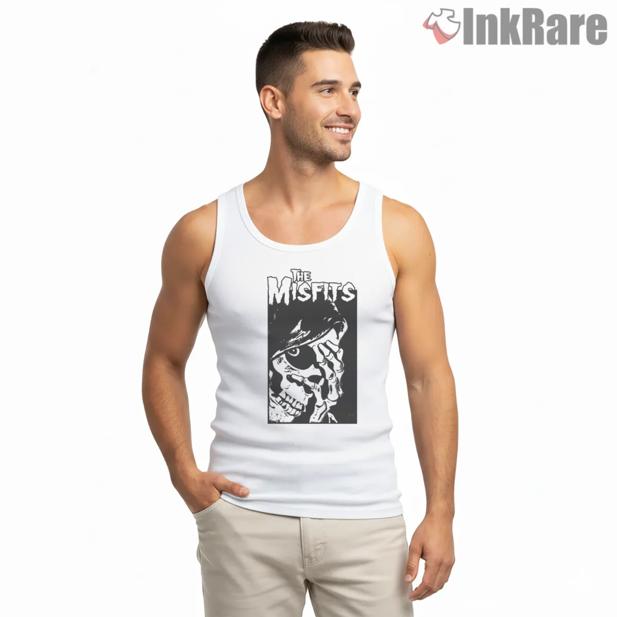 Misfits Crimson Skull Shadow Face Tank Top White Misfits Crimson Skull Shadow Face Shirt on white tank top for men graphic tee