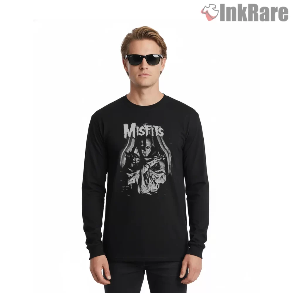 Misfits Dark Photo Skull Collage Shirt on black long sleeve shirt for men graphic tee