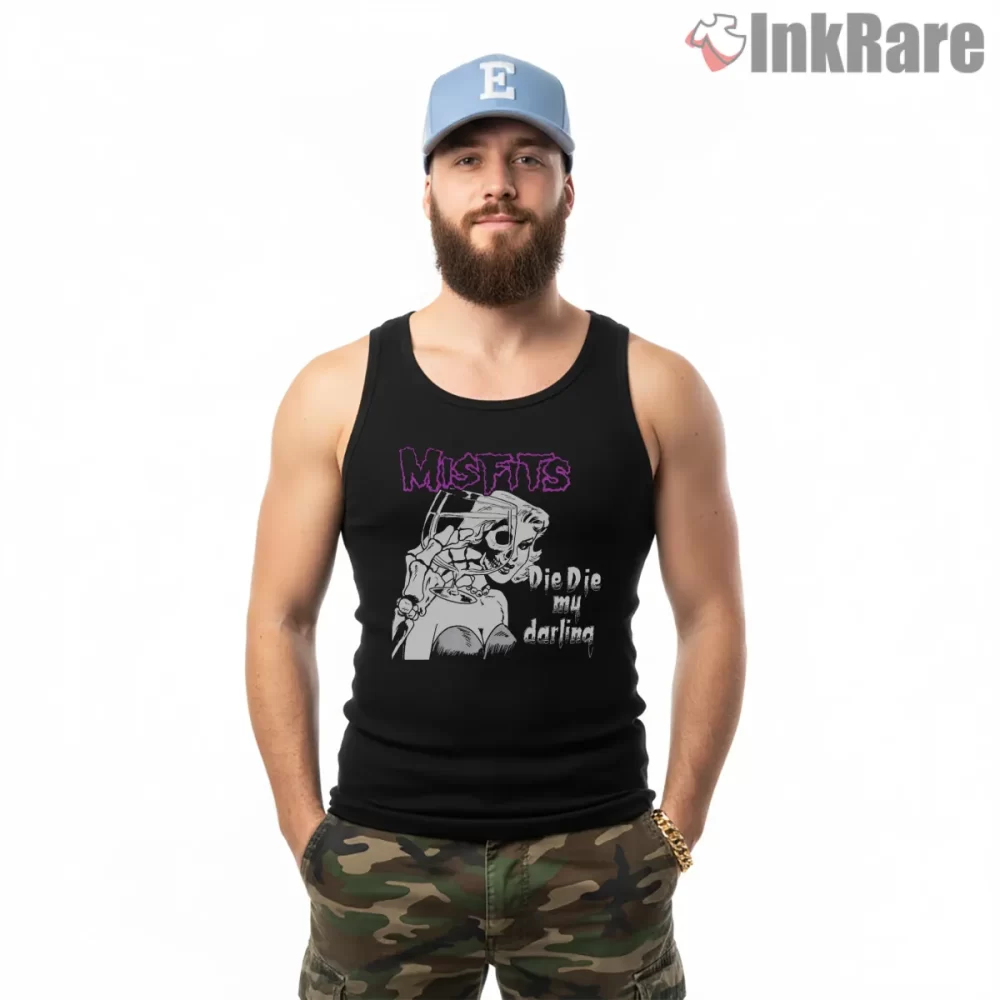 Misfits Die Die My Darling Half Skull Pinup Shirt on black tank top for men graphic tee