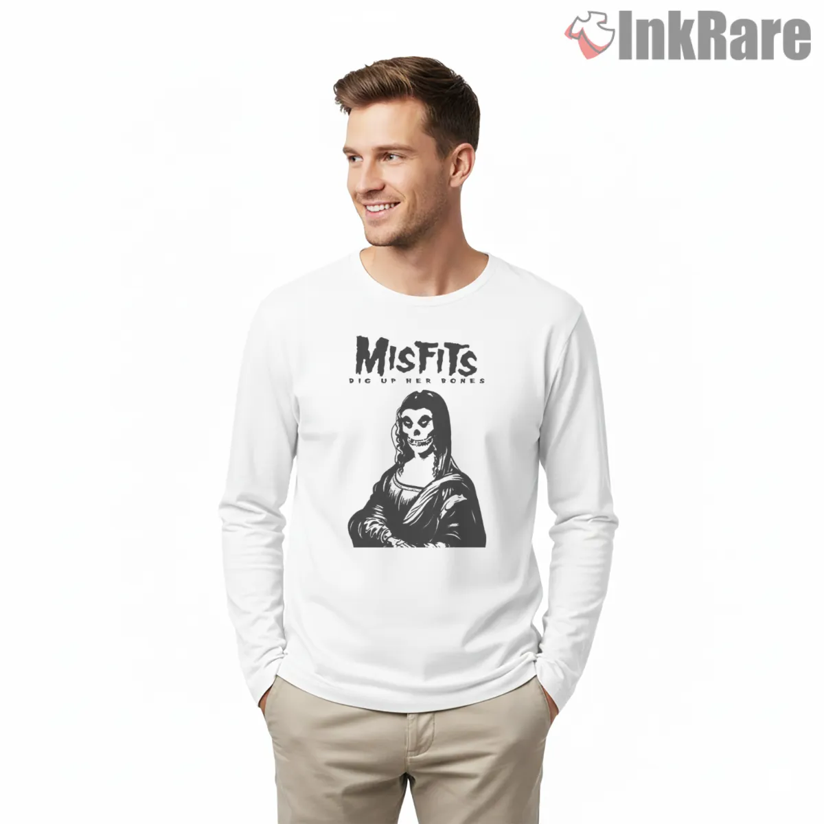 Misfits Dig Up Her Bones Mona Parody Long Sleeve White Misfits Dig Up Her Bones Mona Parody Shirt on white long sleeve shirt for men graphic tee