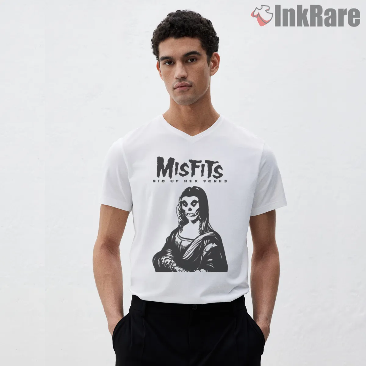 Misfits Dig Up Her Bones Mona Parody V Neck White Misfits Dig Up Her Bones Mona Parody Shirt on white v-neck shirt for men graphic tee