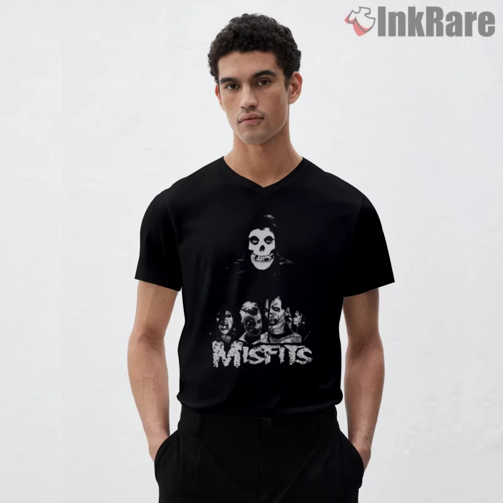 Misfits Distressed Band Photo Collage Skull Shirt on black v-neck shirt for men graphic tee