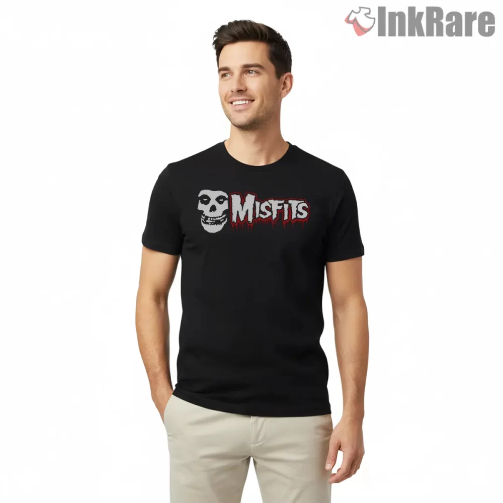 Misfits Dripping Wordmark Skull Icon Shirt on black short sleeve shirt for men graphic tee