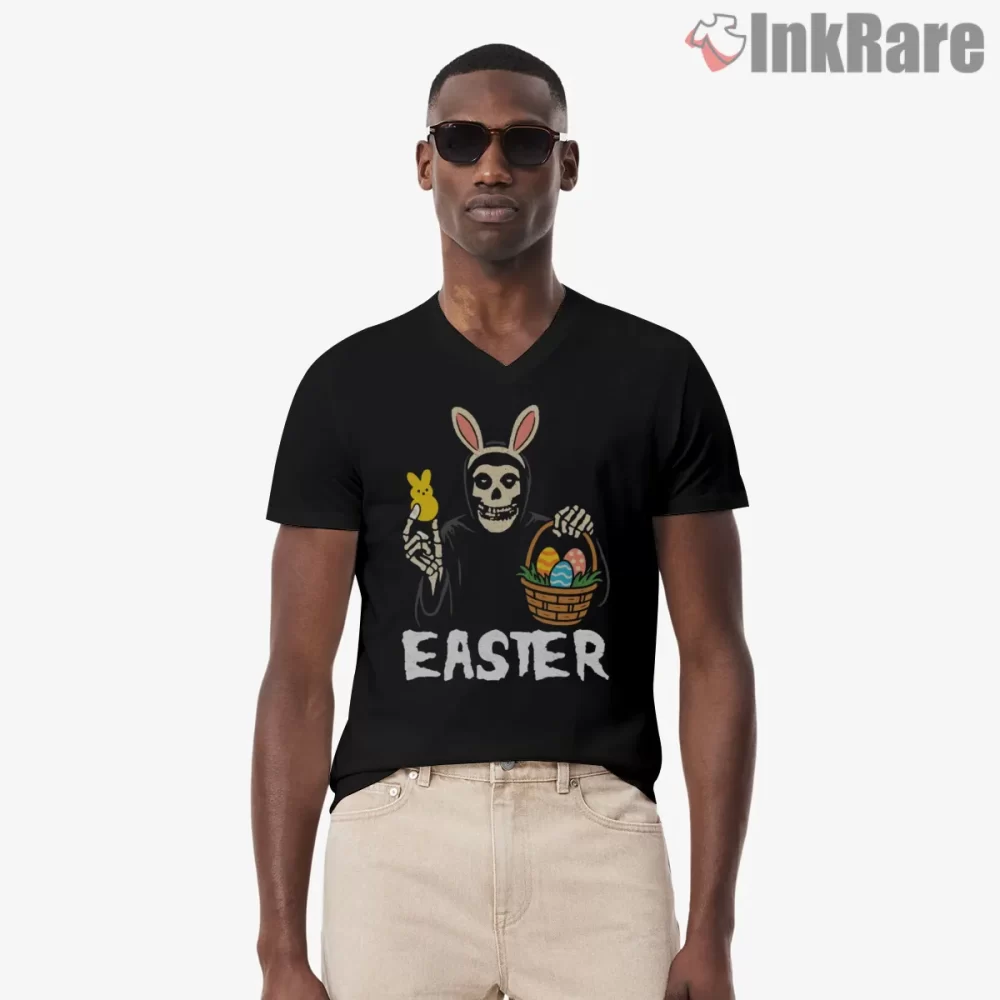 Misfits Easter Bunny Mashup Shirt on black v-neck shirt for men graphic tee