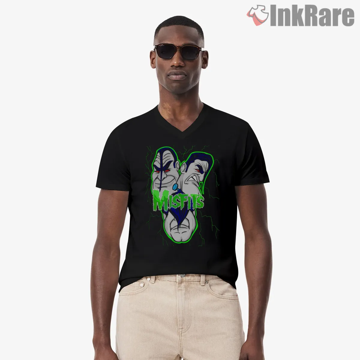 Misfits Electric Caricature Horror Face V Neck Black Misfits Electric Caricature Horror Face Shirt on black v-neck shirt for men graphic tee