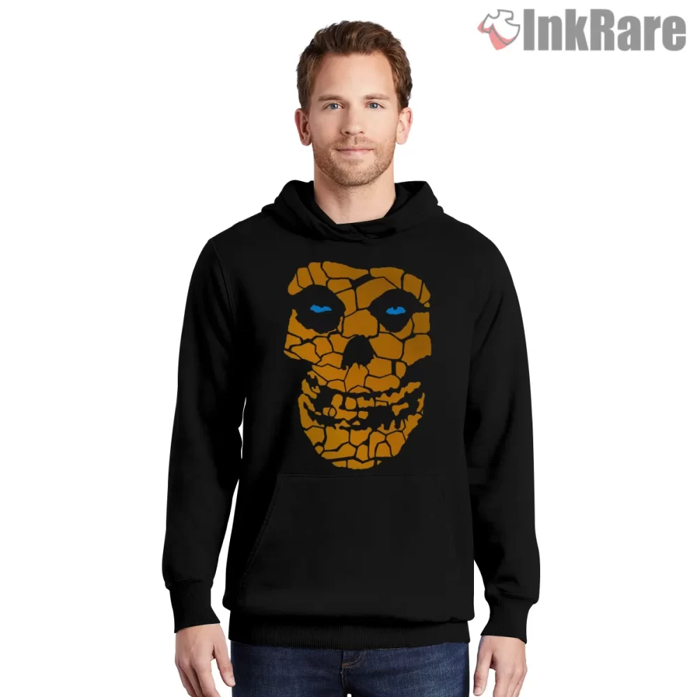 Misfits Fantastic Fiend Cracked Skull Shirt on black hoodie for men graphic tee