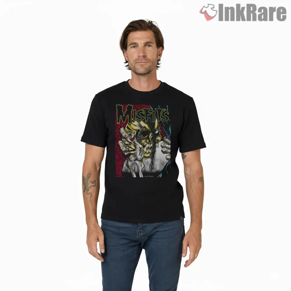 Misfits Fiend Skull Close Up Punk Shirt on black short sleeve shirt for men graphic tee