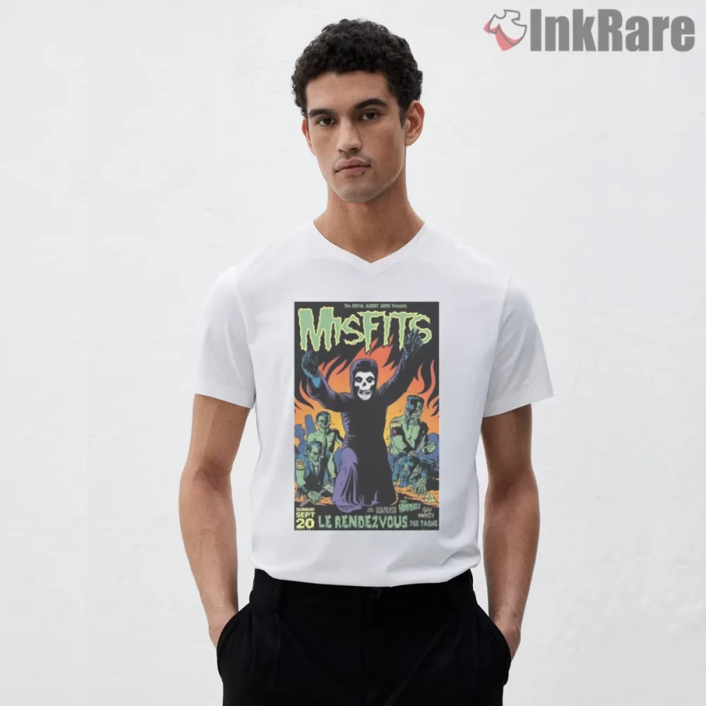 Misfits Fiery Crimson Ghost Concert Poster Shirt on white v-neck shirt for men graphic tee