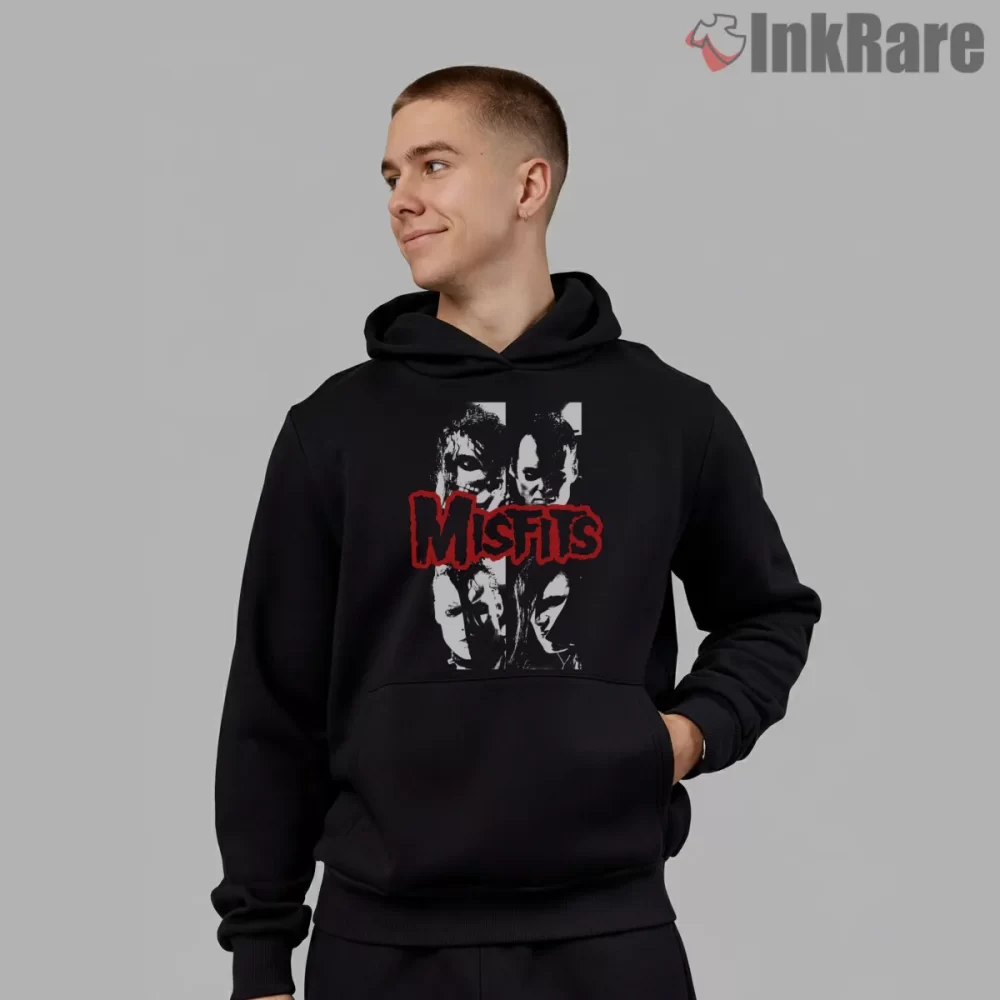 Misfits Four Faces Grit Collage Shirt on black hoodie for men graphic tee
