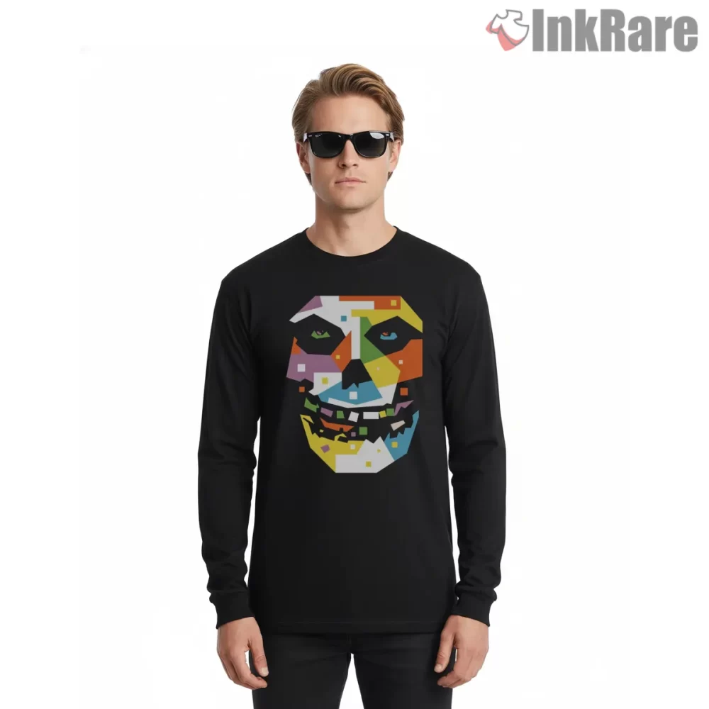 Misfits Geometric Neon Skull Mask Shirt on black long sleeve shirt for men graphic tee