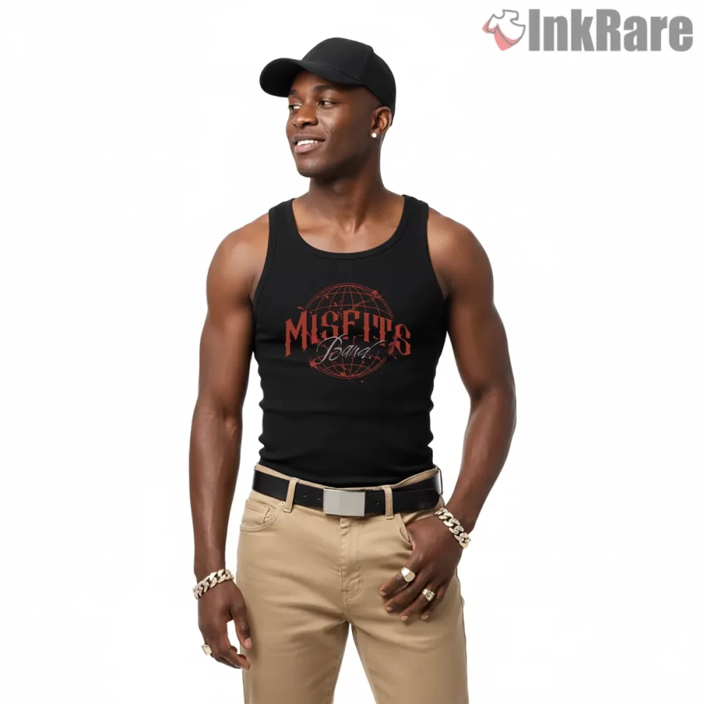 Misfits Globe Wireframe Gothic Logo Shirt on black tank top for men graphic tee