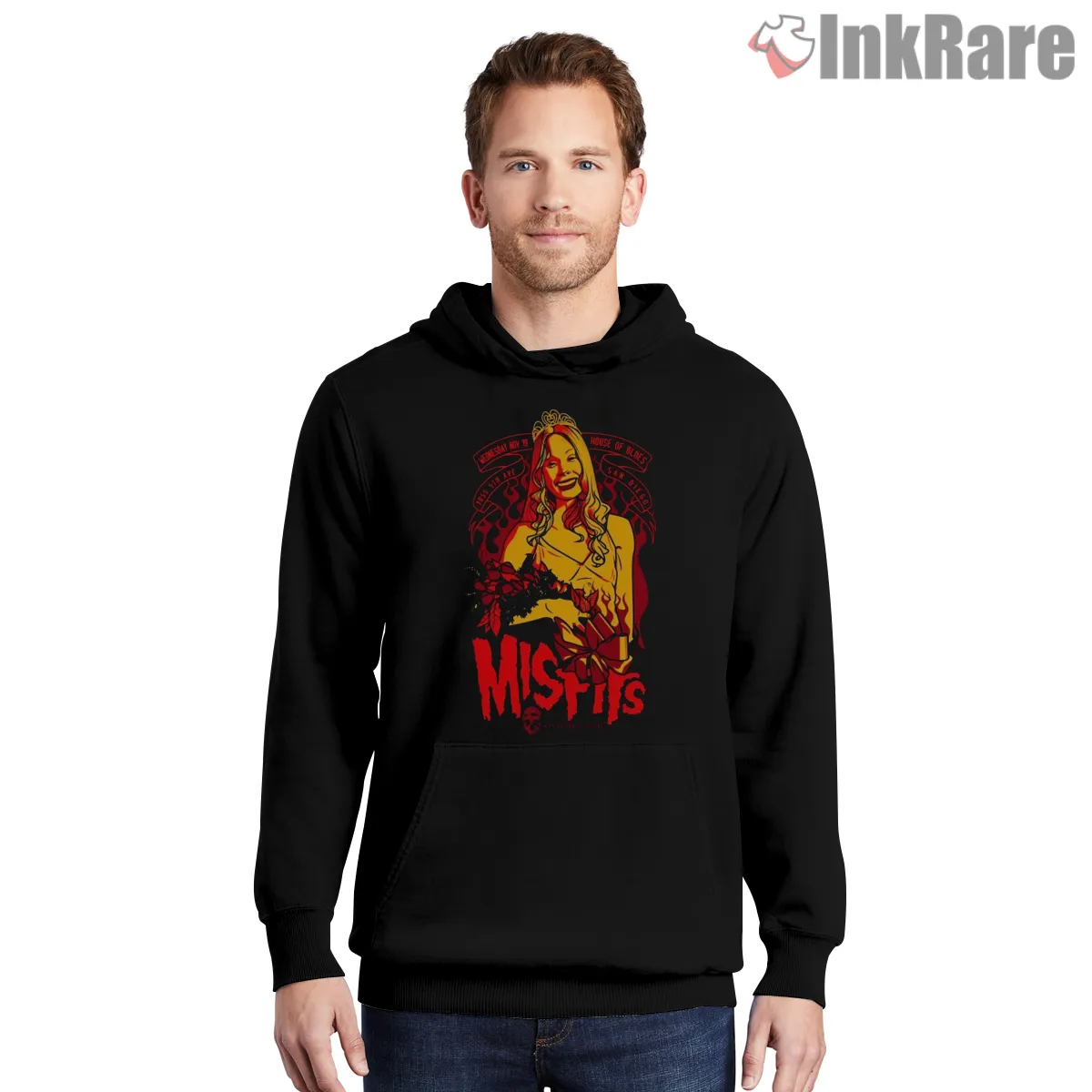 Misfits Gothic Pinup Portrait Hot Red Logo Shirt on black hoodie for men graphic tee