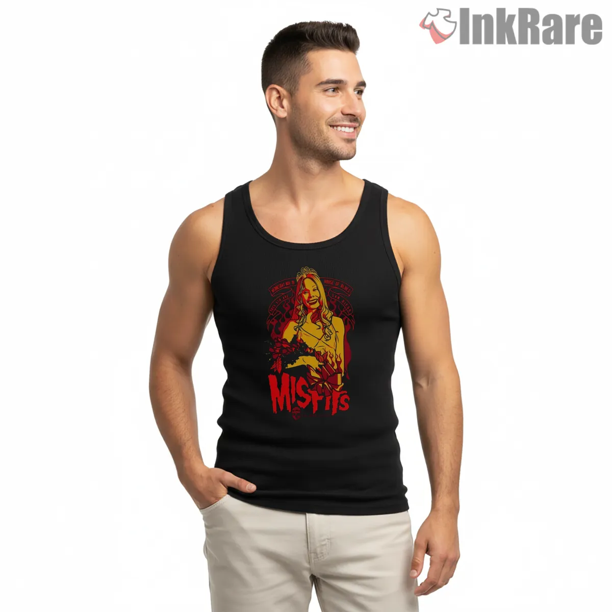 Misfits Gothic Pinup Portrait Hot Red Logo Tank Top Black Misfits Gothic Pinup Portrait Hot Red Logo Shirt on black tank top for men graphic tee