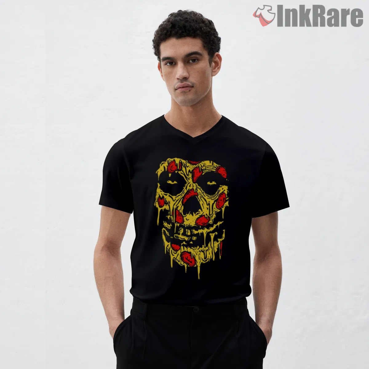 Misfits Grateful Pizza Parody V Neck Black Misfits Grateful Pizza Parody Shirt on black v-neck shirt for men graphic tee