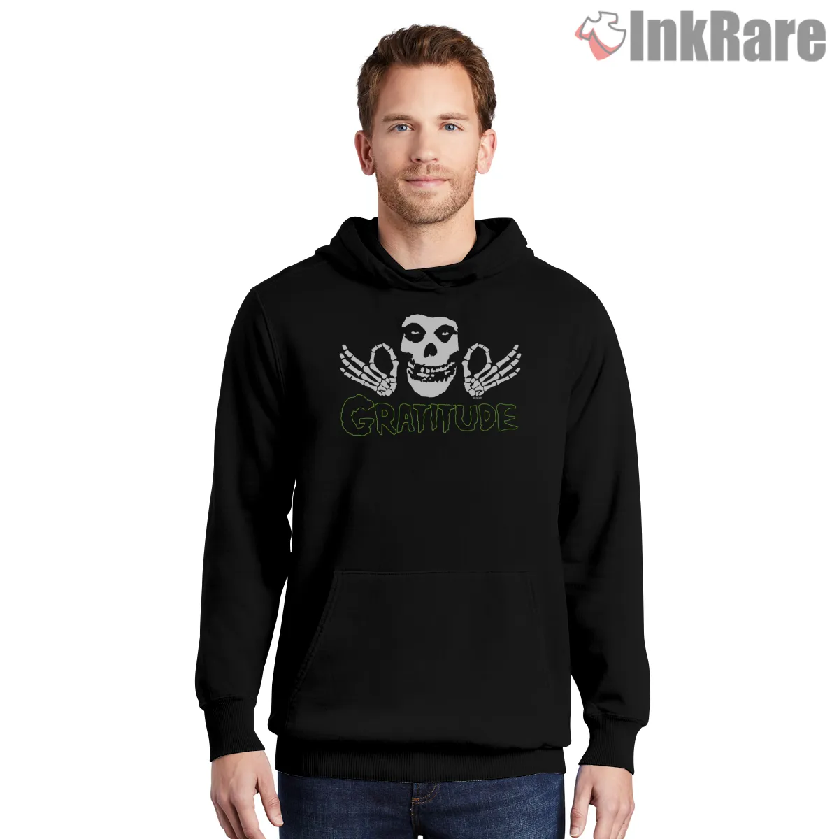 Misfits Gratitude Neon Green Wordmark Shirt on black hoodie for men graphic tee