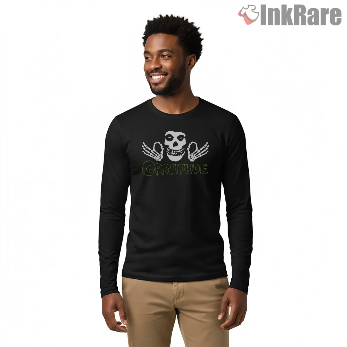 Misfits Gratitude Neon Green Wordmark Long Sleeve Black Misfits Gratitude Neon Green Wordmark Shirt on black long sleeve shirt for men graphic tee