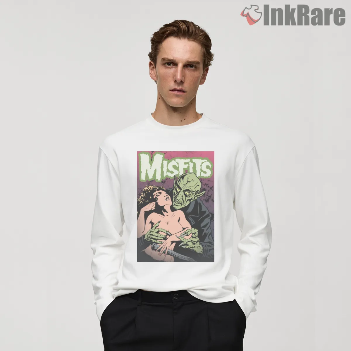 Misfits Green Goblin Horror Pulp Art Shirt on white long sleeve shirt for men graphic tee