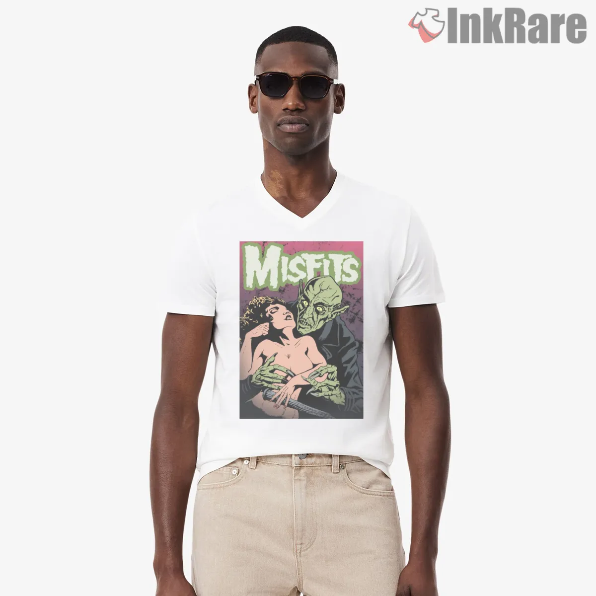Misfits Green Goblin Horror Pulp Art V Neck White Misfits Green Goblin Horror Pulp Art Shirt on white v-neck shirt for men graphic tee