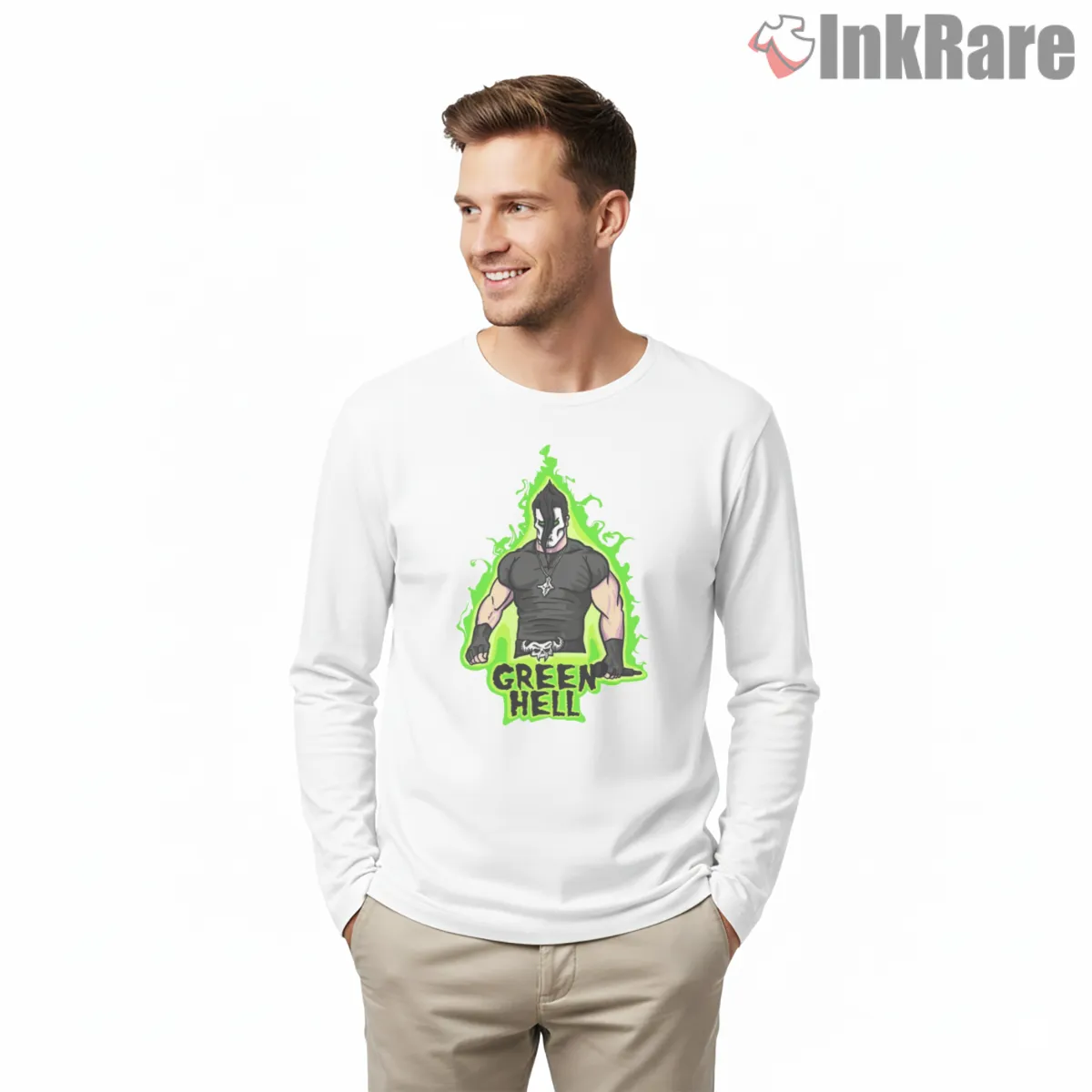 Misfits Green Hell Hooded Warrior Neon Aura Shirt on white long sleeve shirt for men graphic tee