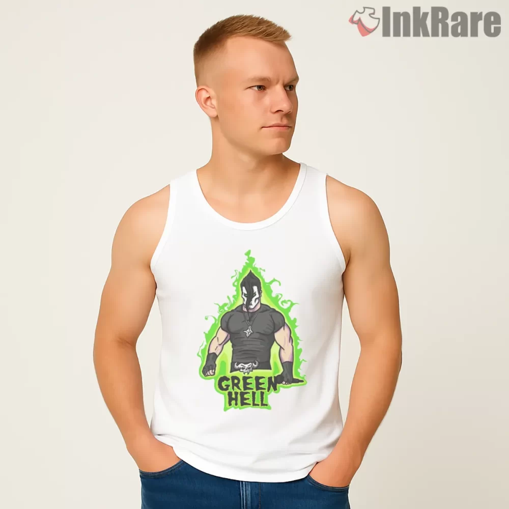 Misfits Green Hell Hooded Warrior Neon Aura Shirt on white tank top for men graphic tee