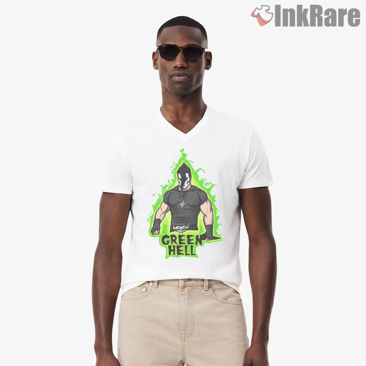 Misfits Green Hell Hooded Warrior Neon Aura V Neck White Misfits Green Hell Hooded Warrior Neon Aura Shirt on white v-neck shirt for men graphic tee