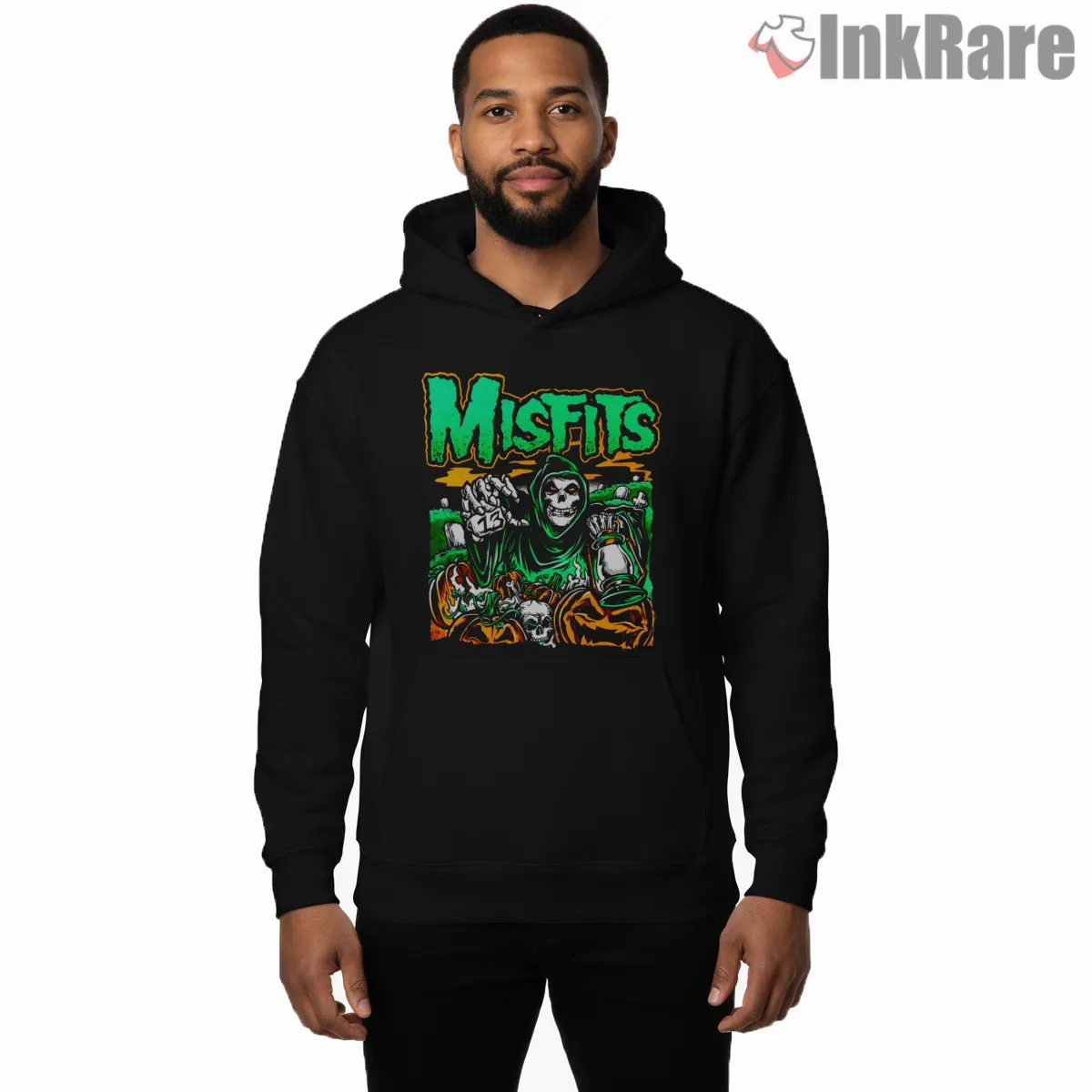 Misfits Green Horror Pumpkin Graveyard Shirt on black hoodie for men graphic tee