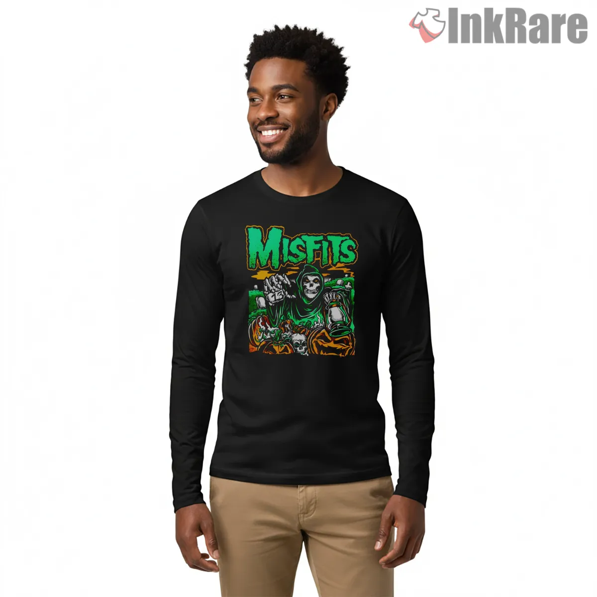 Misfits Green Horror Pumpkin Graveyard Long Sleeve Black Misfits Green Horror Pumpkin Graveyard Shirt on black long sleeve shirt for men graphic tee