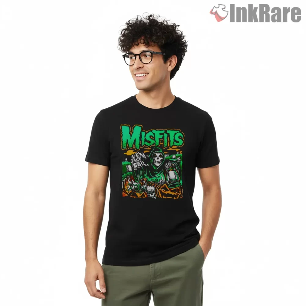 Misfits Green Horror Pumpkin Graveyard Shirt on black short sleeve shirt for men graphic tee