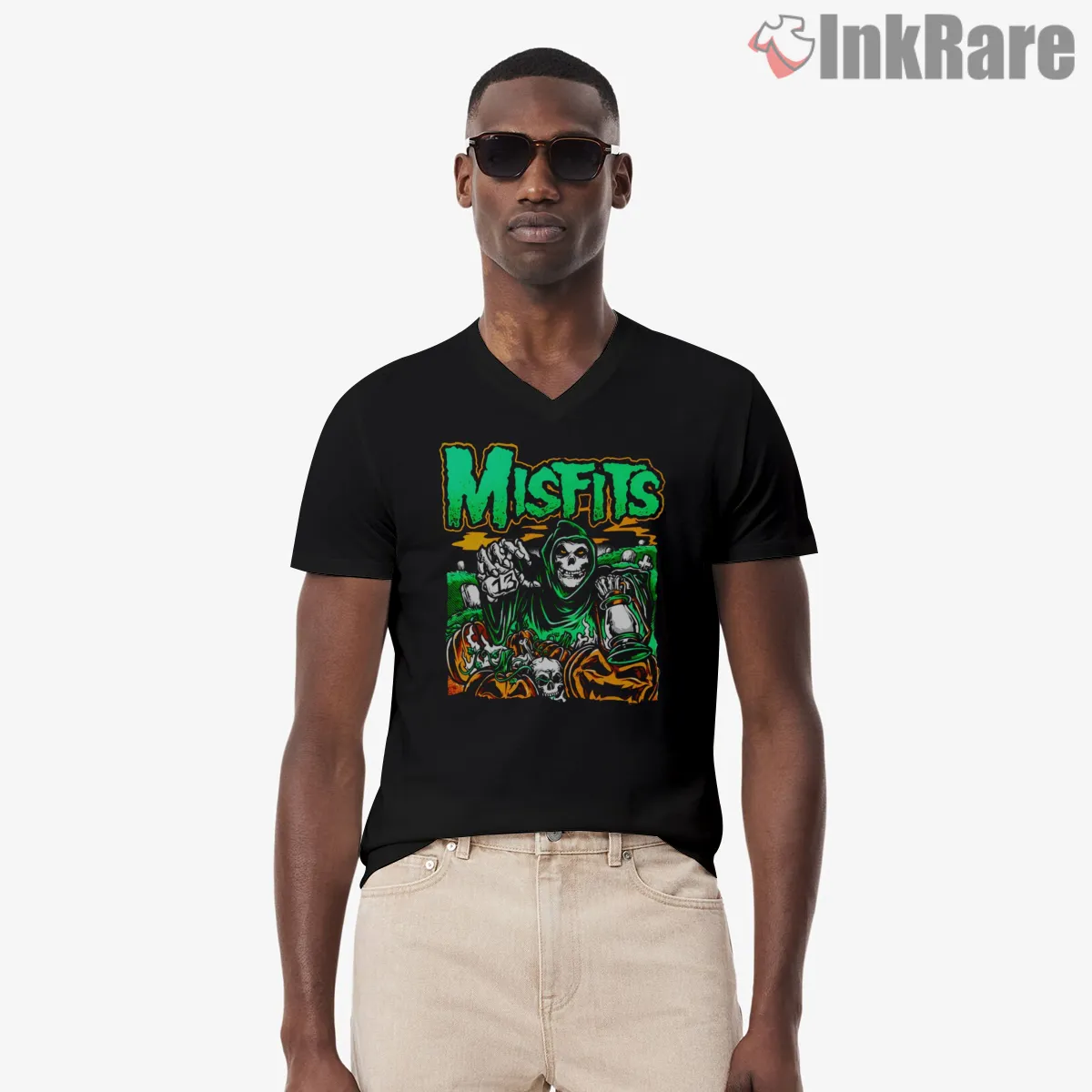 Misfits Green Horror Pumpkin Graveyard V Neck Black Misfits Green Horror Pumpkin Graveyard Shirt on black v-neck shirt for men graphic tee