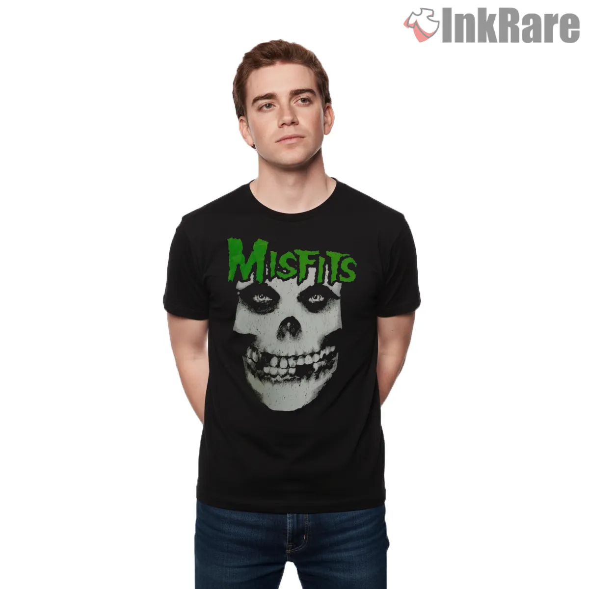 Misfits Green Logo Skull Stare Classic Short Sleeve Black Misfits Green Logo Skull Stare Classic Shirt on black short sleeve shirt for men graphic tee