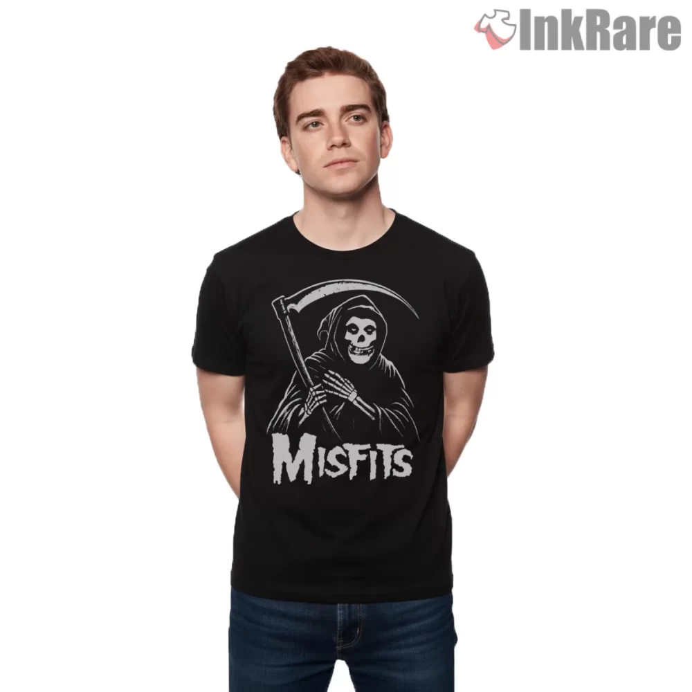 Misfits Grim Reaper Parody Hooded Scythe Shirt on black short sleeve shirt for men graphic tee