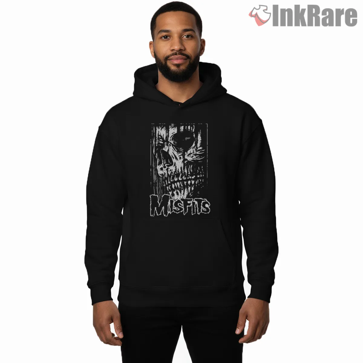 Misfits Grim Skull Face Distressed Shirt on black hoodie for men graphic tee