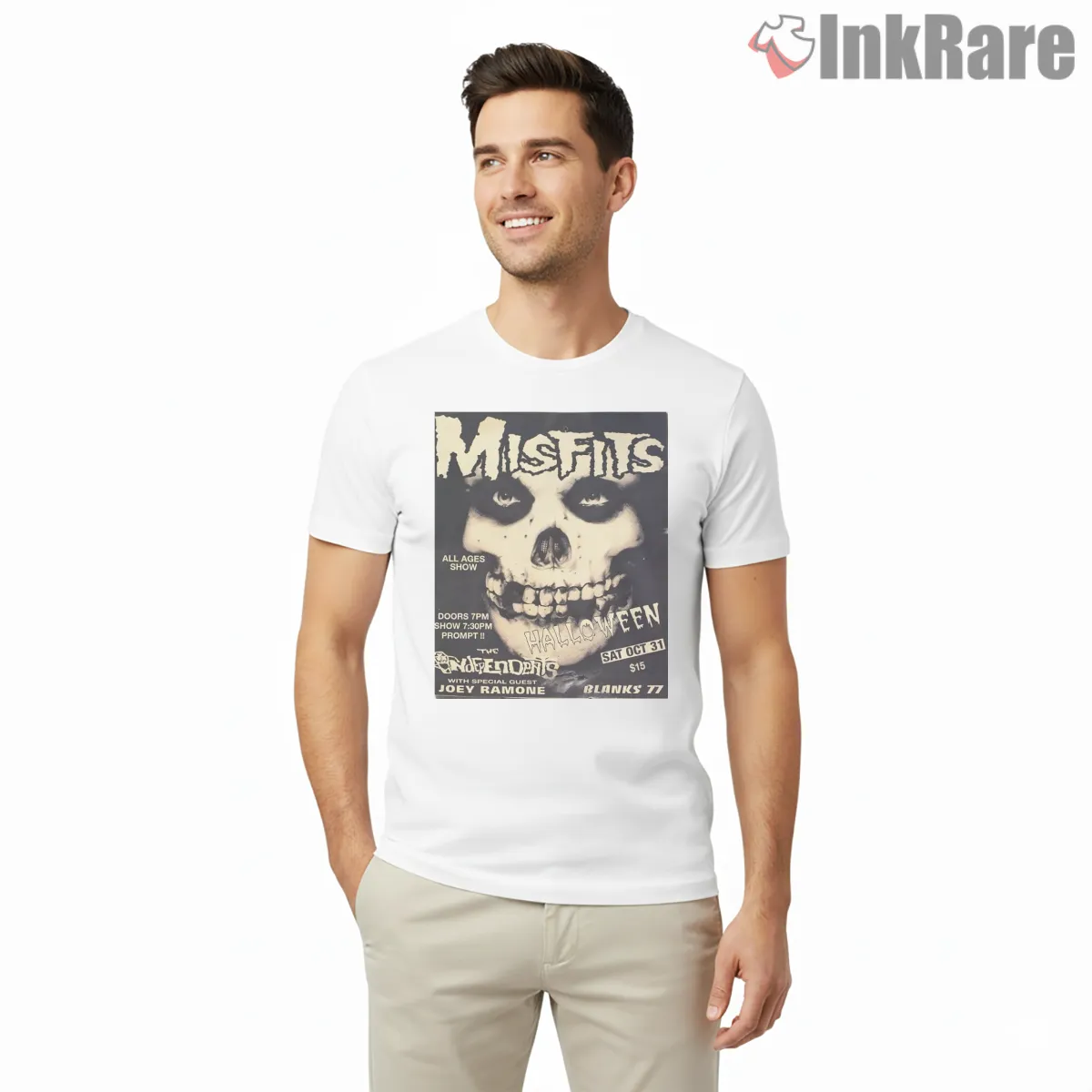 Misfits Halloween Skull Gig Flyer Shirt on white short sleeve shirt for men graphic tee